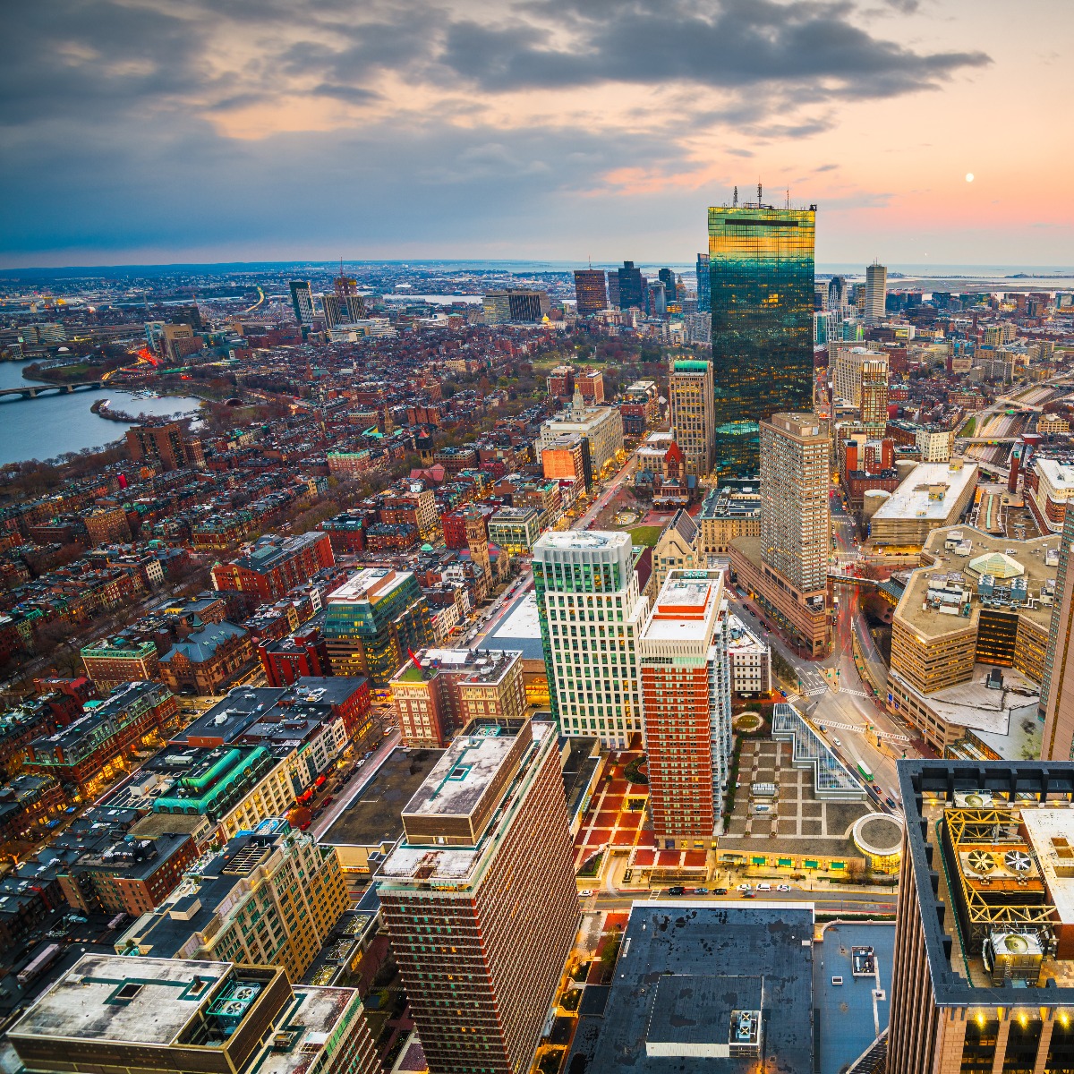 Boston, Massachusetts, USA downtown skyline at dusk.
